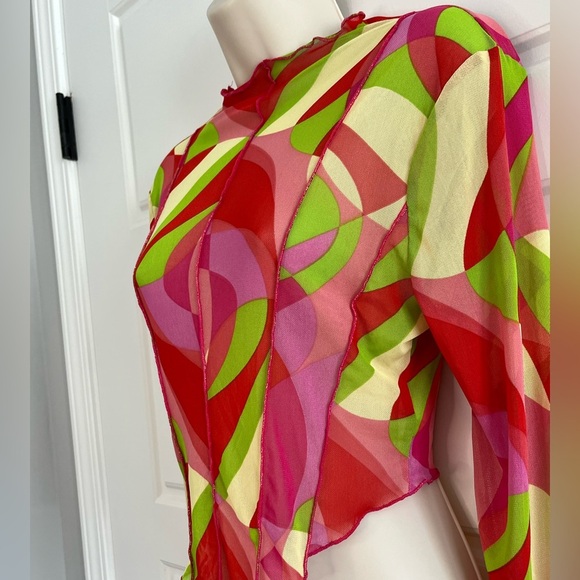 Y2K Pucci Inspired Sheer Mesh Vibrant Psychedelic Print Top Shirt Crop Size M - Picture 5 of 14